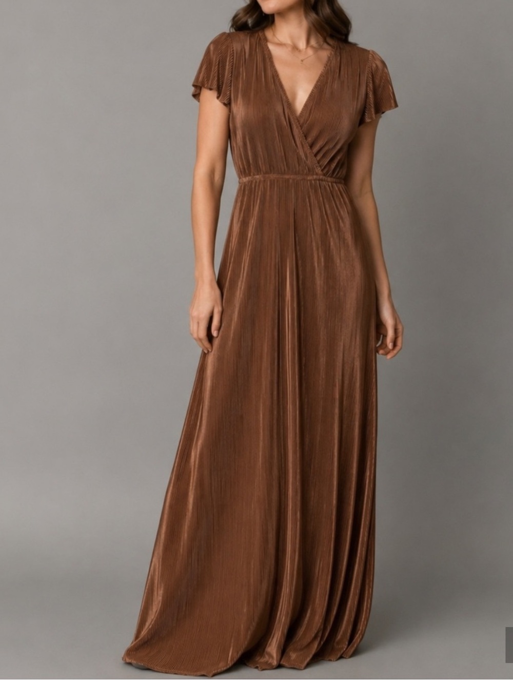 Baltic Born Athena Pleated Maxi Dress Bronze Brown V Neck Shirt Sleeve Size XXXL